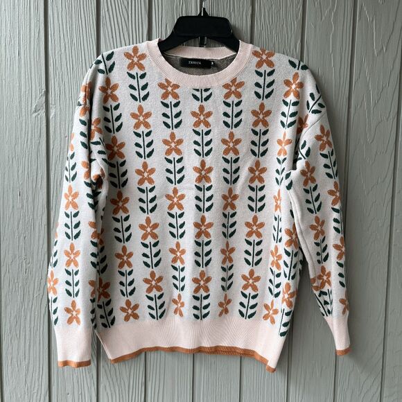 ZESICA Floral Colorblock Oversized Crewneck Sweater Pullover, SZ M - Picture 7 of 7